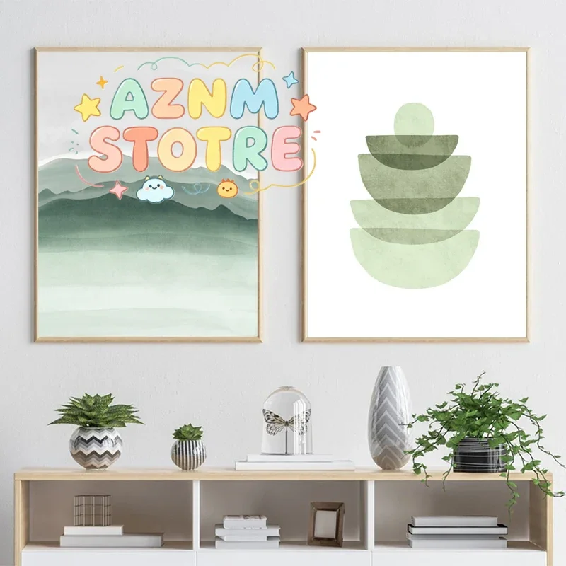 Watercolor Green Abstract Geometric Shapes Art Prints Nordic Poster Mint Green Canvas Painting Wall Pictures Living Room Deco