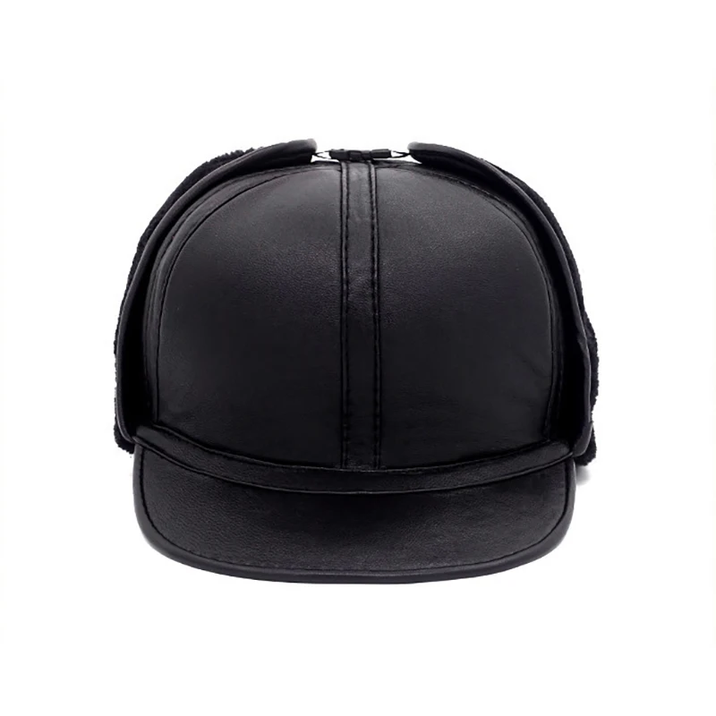Hot Sale Male Casual Winter Warm Sheepskin Leather Cap New Arrival Adult Caps Men 100%Natural Real Sheepskin Leather Bomber Hats