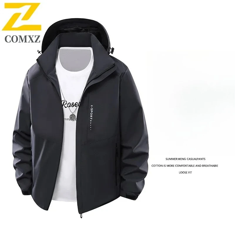 COMXZ Mens Jacket Classic New Hooded Adventure Breathable Windproof Windbreaker Hiking Camping Lightweight Spring Autumn Coat