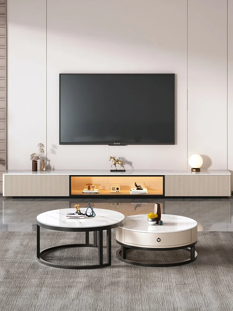 TV cabinet Modern simple living room Home floor cabinet Cream wind 2025 New rock slab coffee table TV cabinet combination