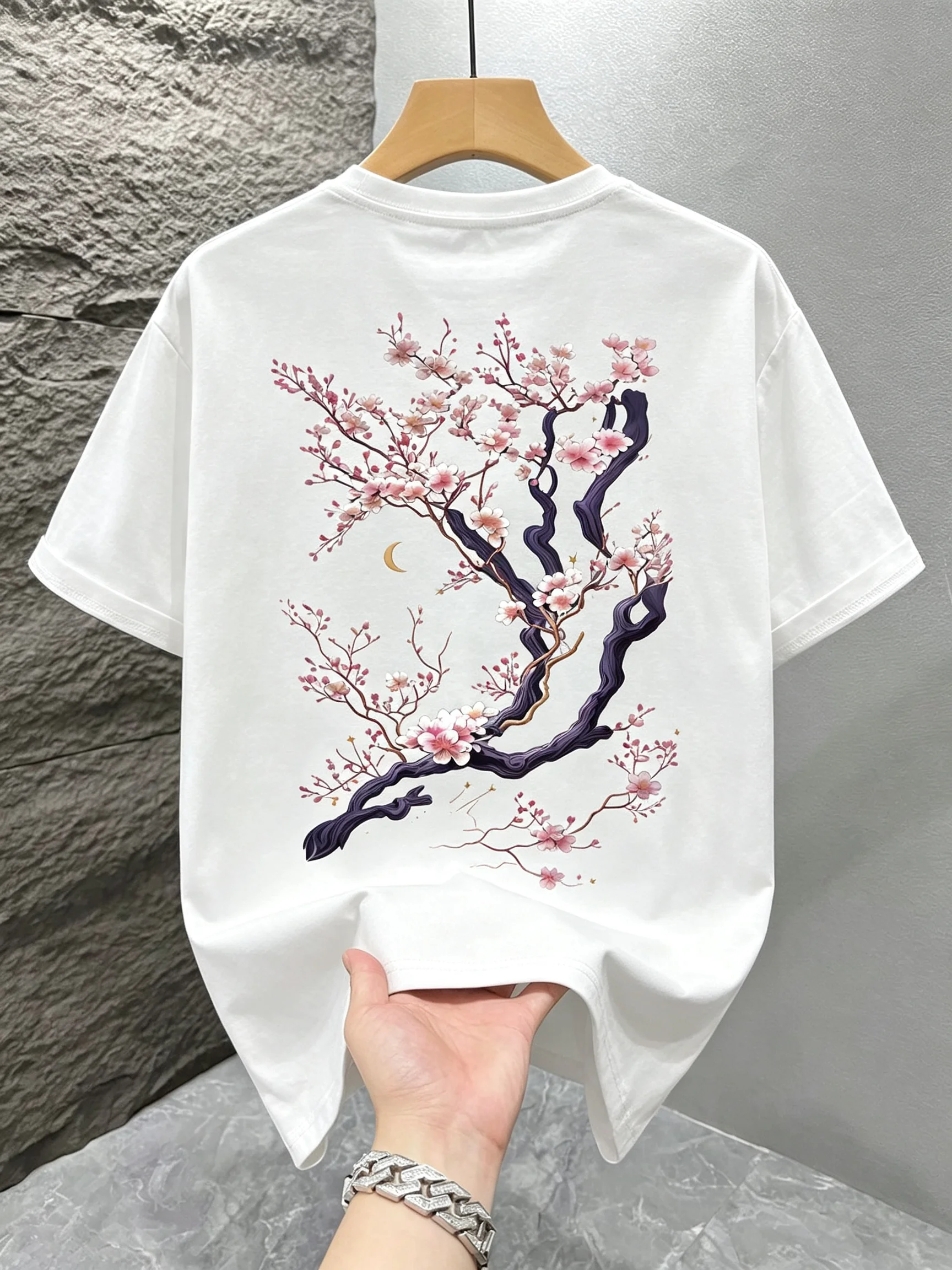 2026 New Sportwear Family Matching Unisex Oversized T Shirt Vintage Japanese Sakura Night Scene Art Print Street Tops
