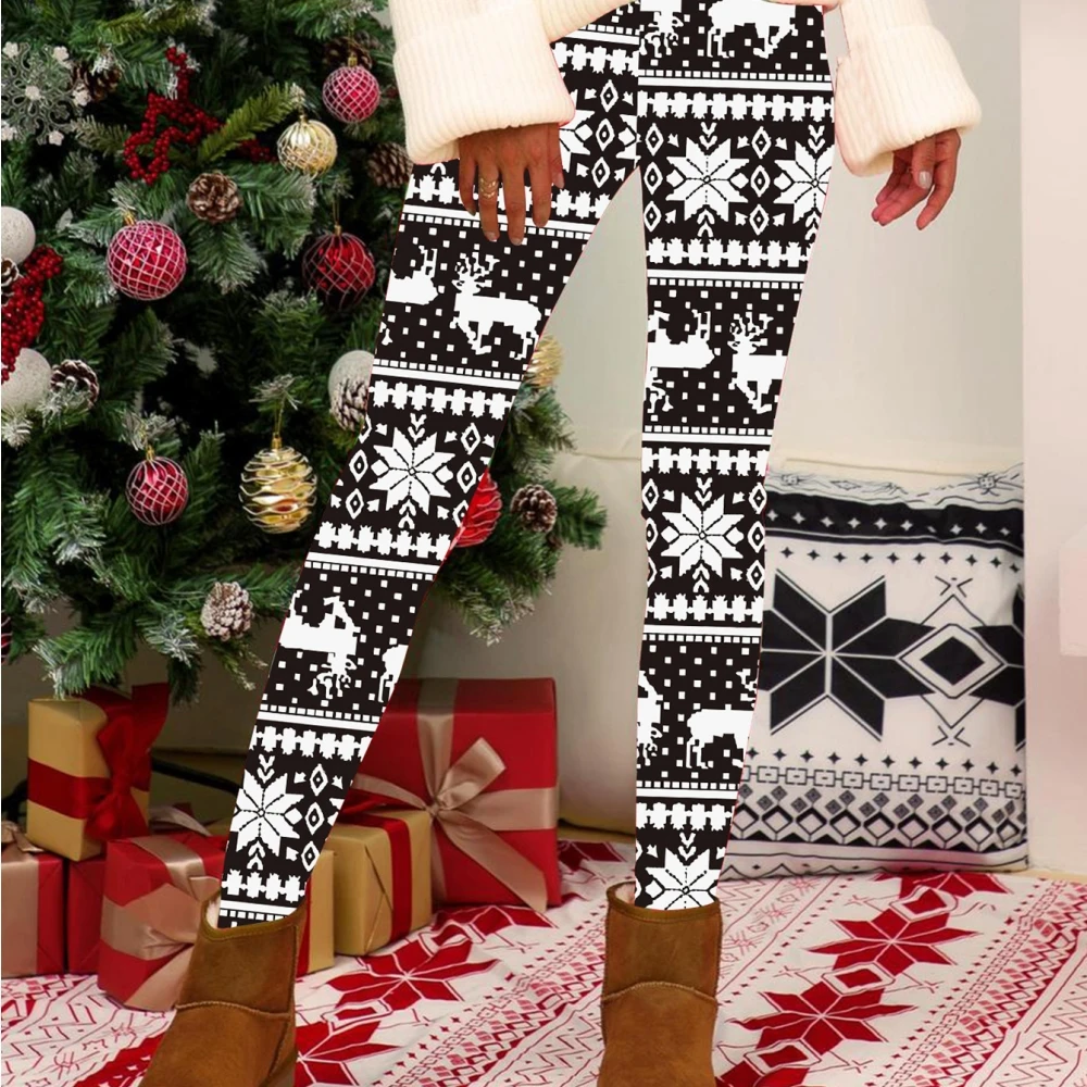 Celana panjang wanita, legging wanita motif Natal, celana panjang pinggang tinggi, celana hangat musim dingin, pakaian pesta Natal wanita