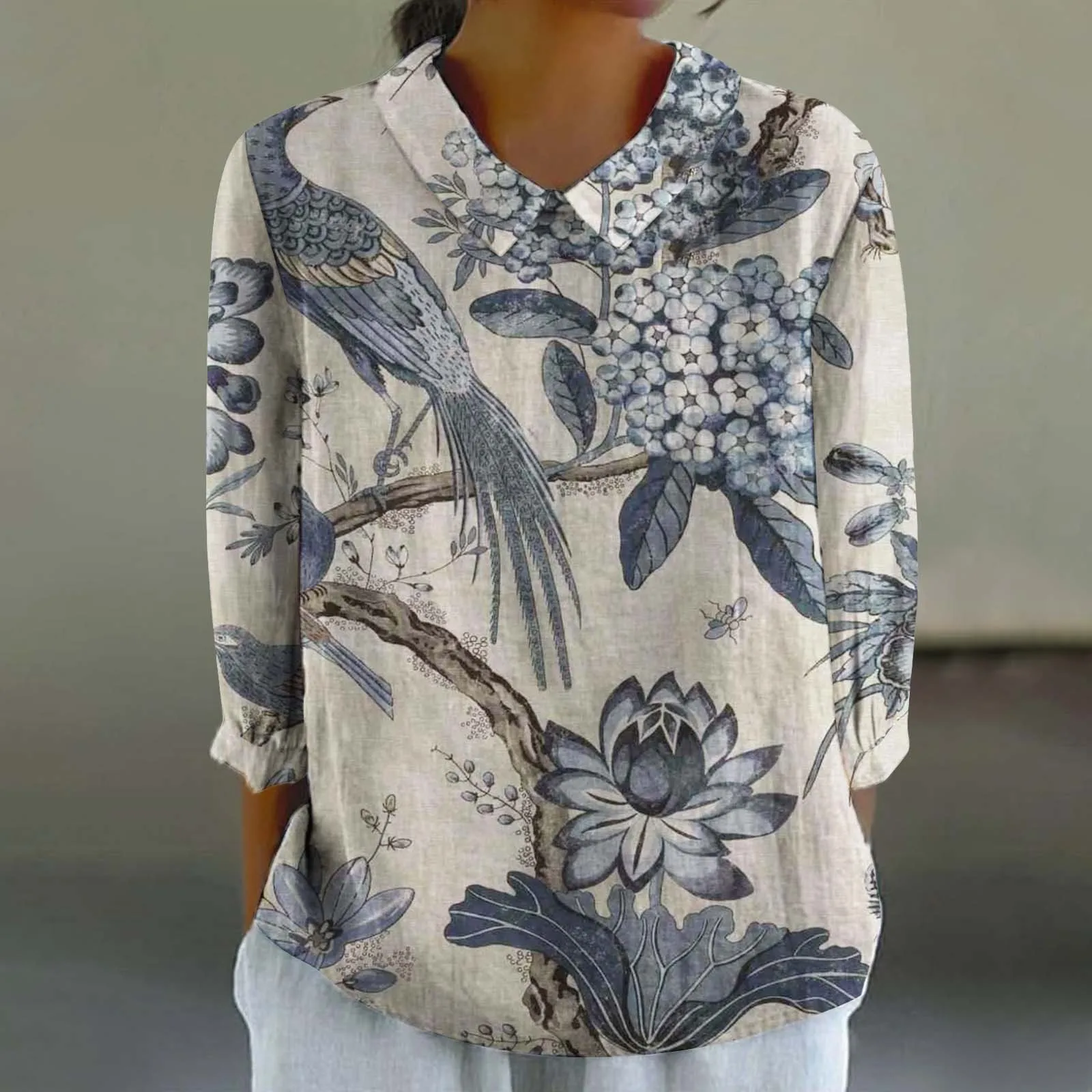 2024 Summer Women Shirts Casual Retro Floral Art Long Sleeve Pocket Shirt Hawaiian Style Printed V-neck Shirts Women Tops