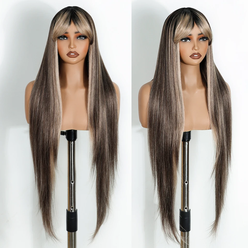 FREEDOM Synthetic Long Straight Wig With Bangs Synthetic Wigs For Women White Blonde Ombre Wig Heat Resistant Fiber Cosplay Wigs