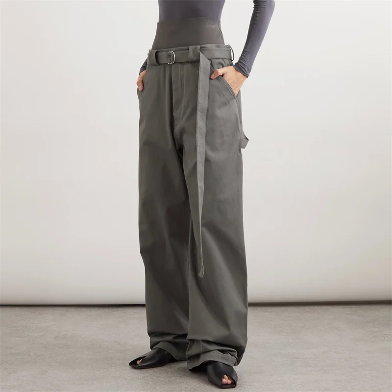 

Women's pants New elastic knitted spliced straight leg pants for summer 2025 High waisted slim wide leg pants cotton trousers