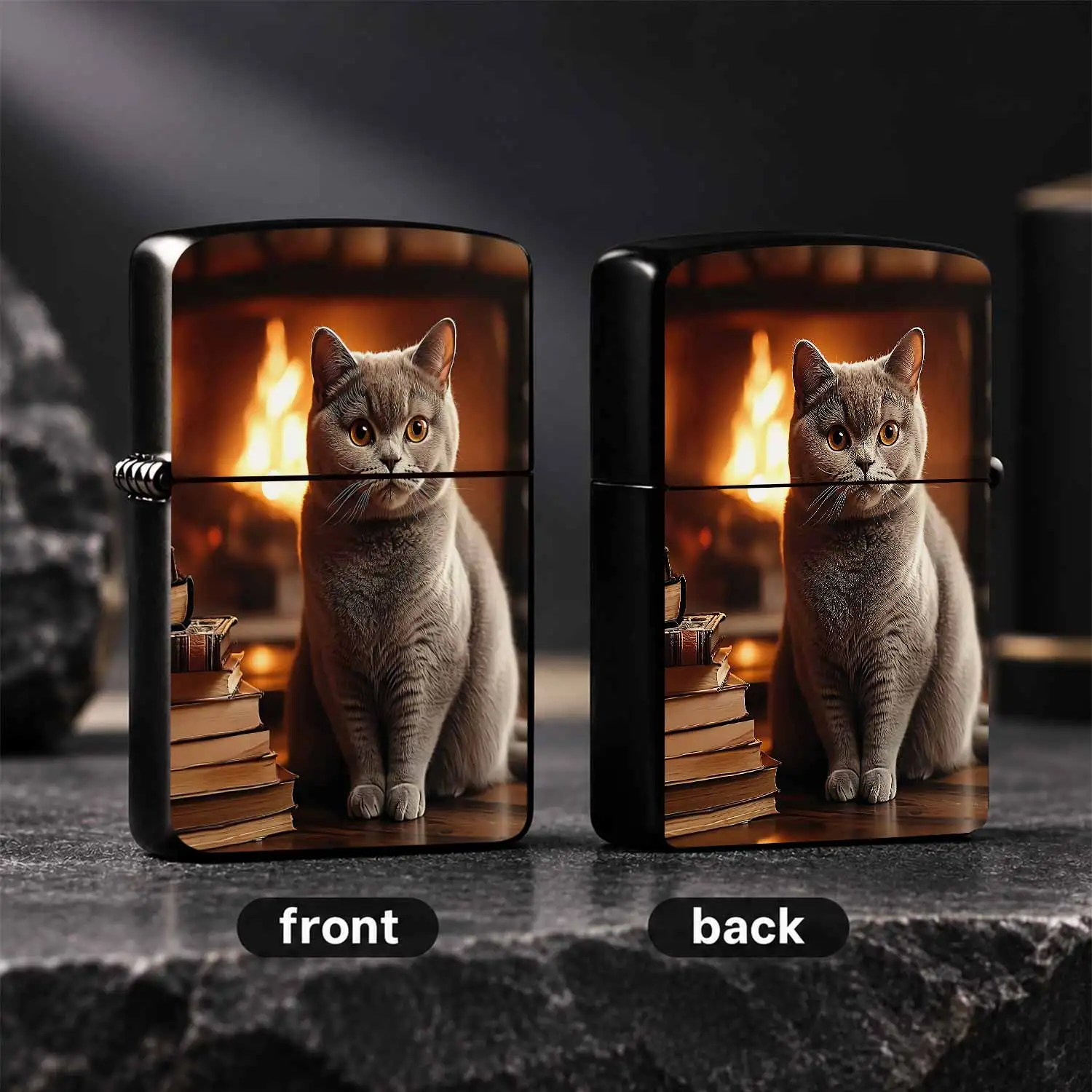 Warm Hearth British Shorthair Cat Pattern Portable Lighter, Retro Stacked Old Books Aesthetic Delicate Craft, Multi-Scenario Practical Accessory For Home Outdoor Daily Use, Thoughtful Gift For Friends And Pet Lovers, Coz A Humorou And Inter