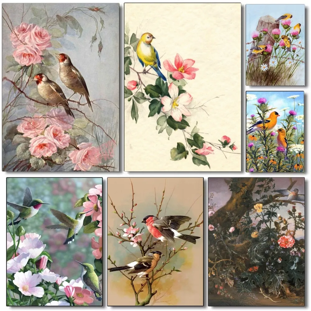 1pc Vintage Goldfinch Landscape Bird Flower Poster Self-adhesive Art Waterproof Paper Sticker Coffee House Bar Room Wall Decor