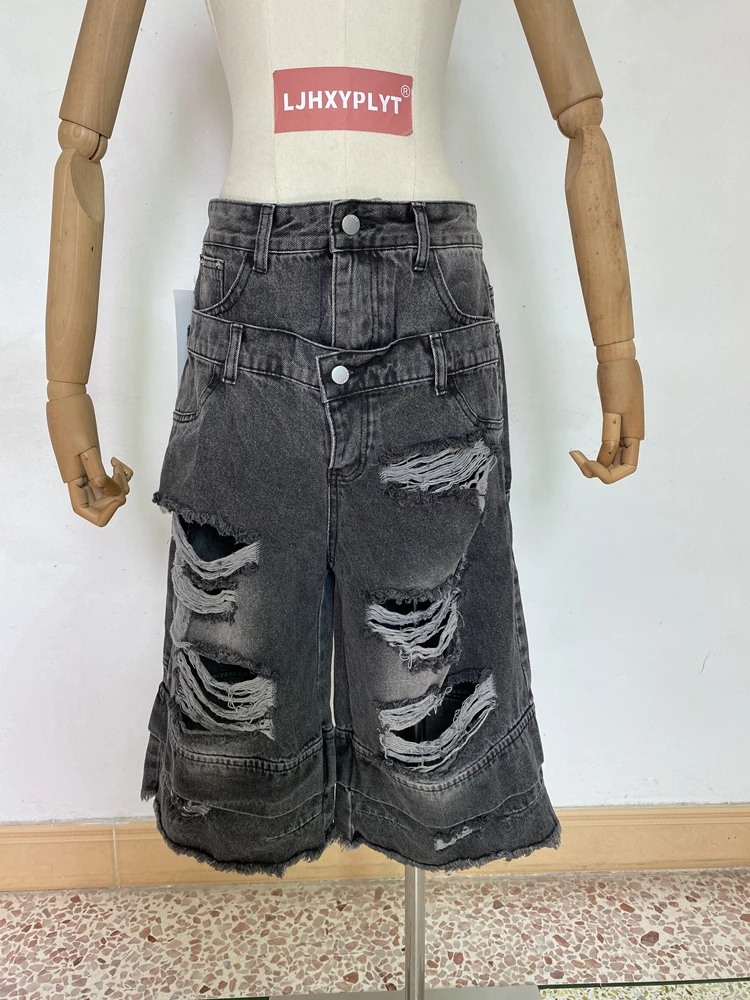 

Women's Multiple Holes Tassel Distressed Denim Shorts Unisex Wide-leg Calf-length Pants Female Capris Trousers Cropped Jeans