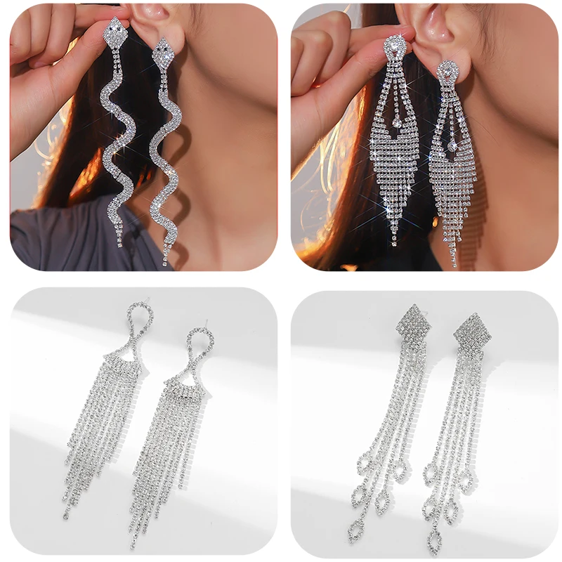 Luxury Women\'s Earrings Rhinestone Fringe Hanging Earrings New Shiny Wedding Party Jewelry Gifts