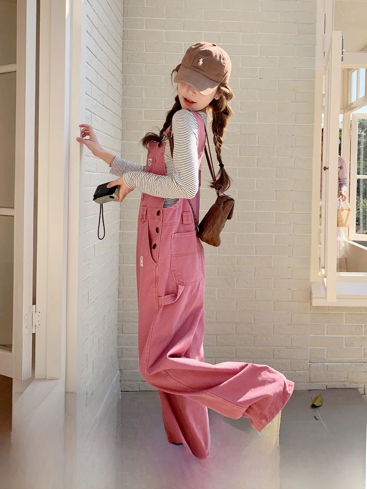 

Pink Casual Denim Overalls Women's Spring Autumn New Sle Korean System Super Beautiful Sweet Anti-Aging Wide Leg Jumpsuit
