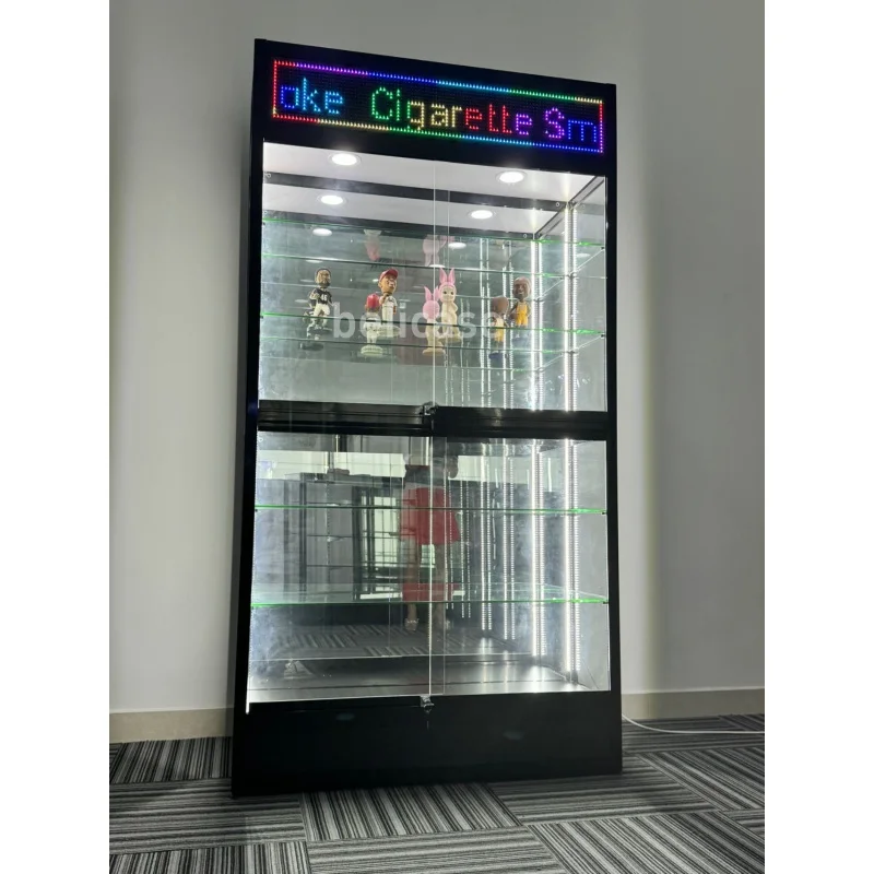 Custom. Nieuwste Rookwinkel Vitrines Met Led Scroll Screen Glazen Display Vitrines Spiegel Terug Vitrine Kast Voor Rook Sho