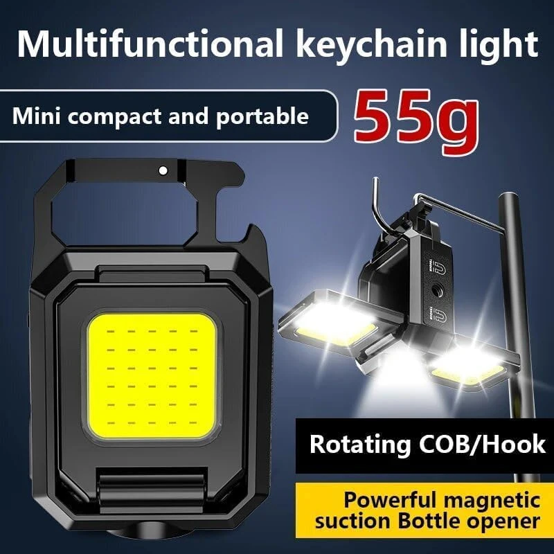 New Keychain Work Light: 5 Modes, 90° Foldable, 1000 Lumen Rechargeable Mini Flashlight with Bottle Opener Magnet