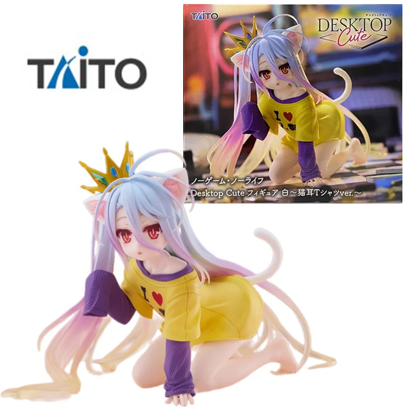 Taito No Game No Life Desktop Cute Shiro Cat Ear T-Shirt Ver. 13Cm Anime Original Action Figure Model Toy Gift Collection