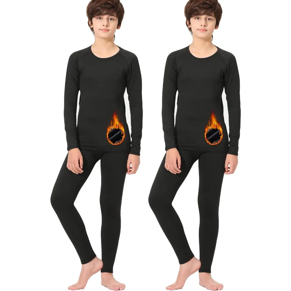 2 Set Youth Boys' Thermal Underwear Set Fleece Lined Compression Shirt Leggings Pants Kids Base Layer Cold Weather