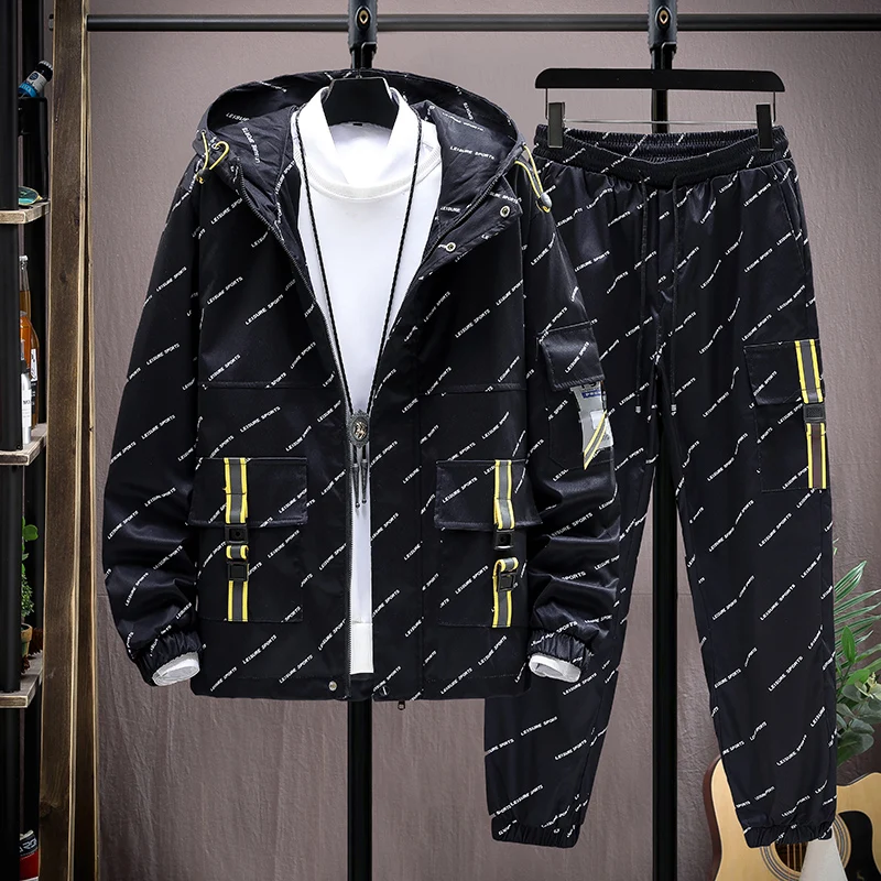 Men Tracksuit Casual Hoodies Sets 2022 Autumn New Male Jackets+Pants Two Piece Sets Hip Hop Streetwear Sports Suit Patchwork