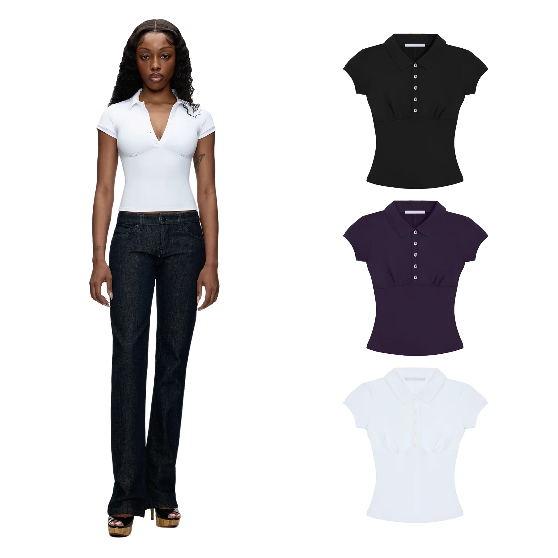 

Tank Spicy Girl Style Deep V Lapel Short-Sleeve Polo Shirt, Slim-Fit Short-Sleeve Top, Stretchy, Comfortable, Breathable Fabric,