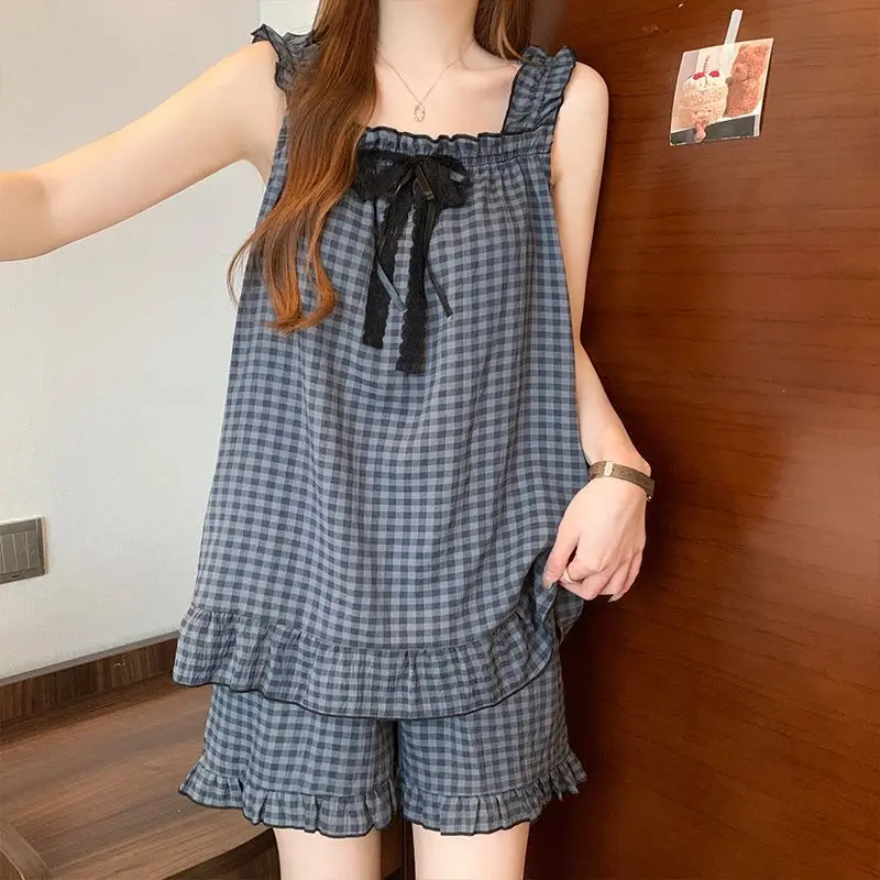 Korean Students Plaid Pajama Women Summer with Padded Pad Suspender Tops Shorts Set Tankshorts Sleepwear Dormitory Home Clothes