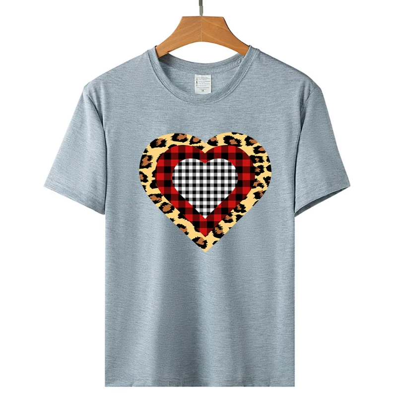 عيد الحب ليوبارد طباعة القلب نمط مطبوعة عارضة السترة قصيرة الأكمام المرأة تي شيرت الجرافيك تي شيرت