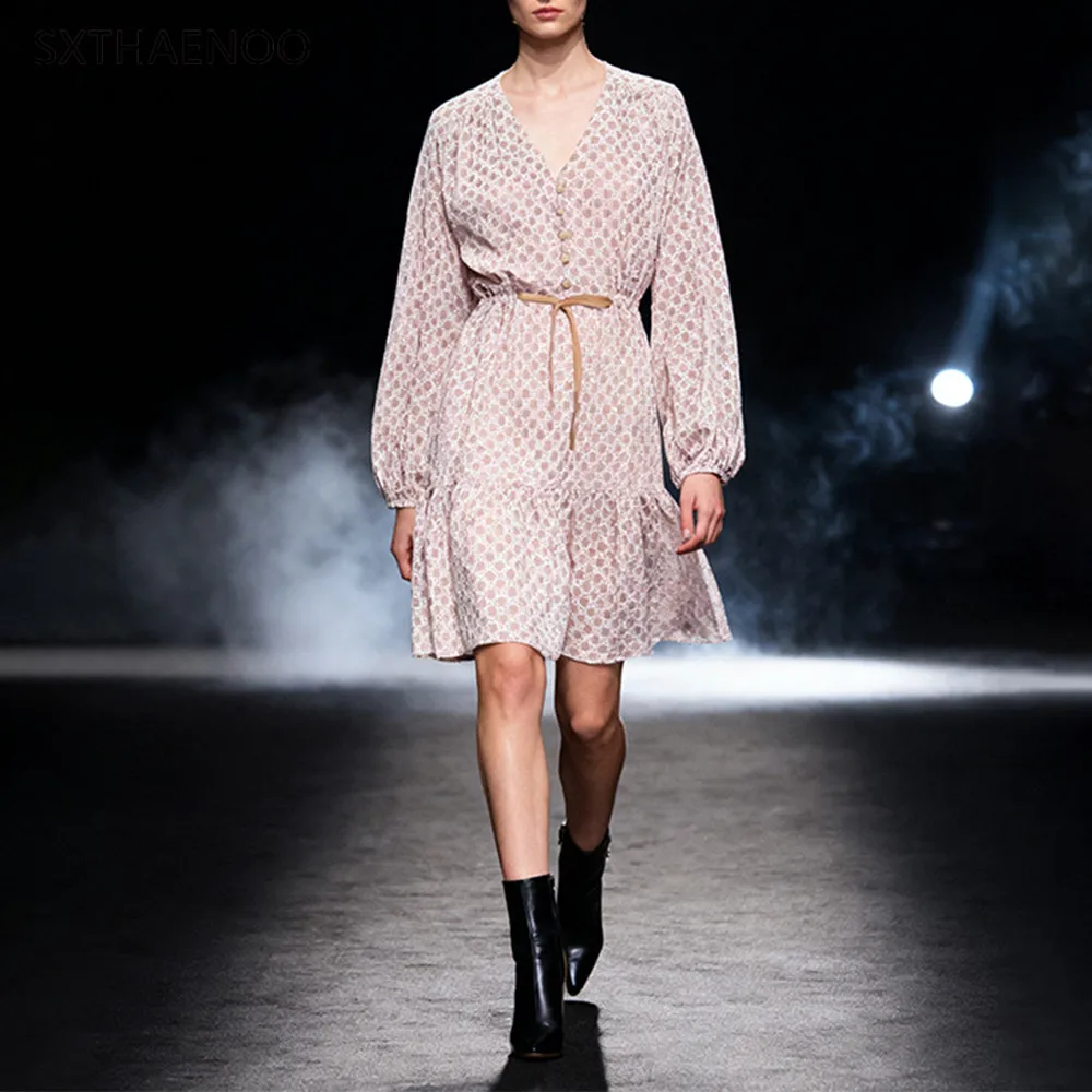 

SXTHAENOO винтажное платье с принтом для женщин, v-образный вырез, длинный рукав, высокая талия, свободные мини-платья с цветными блоками, женская летняя одежда, новинка