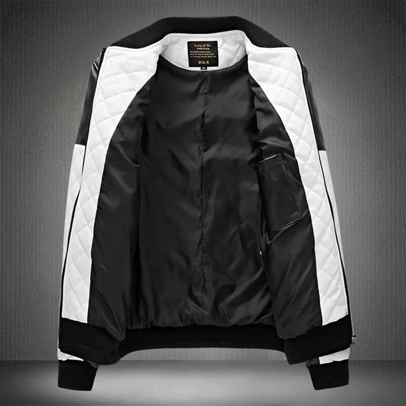 2023 Men Casual High Quality Classic Motorcycle Thick Pu Coat Winter Black White Stitching Contrast Motorcycle Leather Jacket