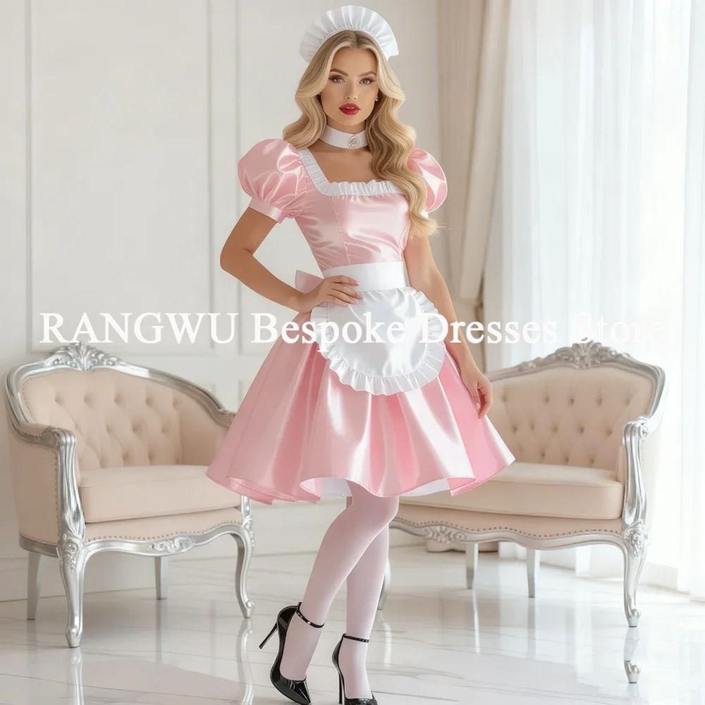 

Розовое платье горничной с фартуком, квадратное атласное вечернее платье с короткими рукавами, мини-кружевное платье с оборками, официальная вечеринка по индивидуальному заказу