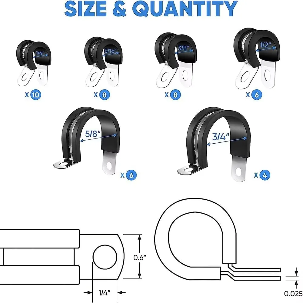 42PCS Cable Clamp Kit - Rubber Gasket 304 Stainless Steel Hose Clamp Ring Clamp, 6 Sizes (42PCS 1/4-5/16-3/8-1/2-5/8-3/4 Inch)