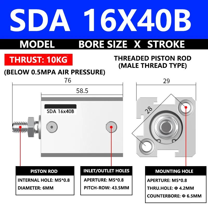 ABILKEEN SDA16X40B SDA Series Thin Air Cylinder 16MM Male Thread Bore X 40MM Stroke Double Acting Pneumatic Compact Cylinder