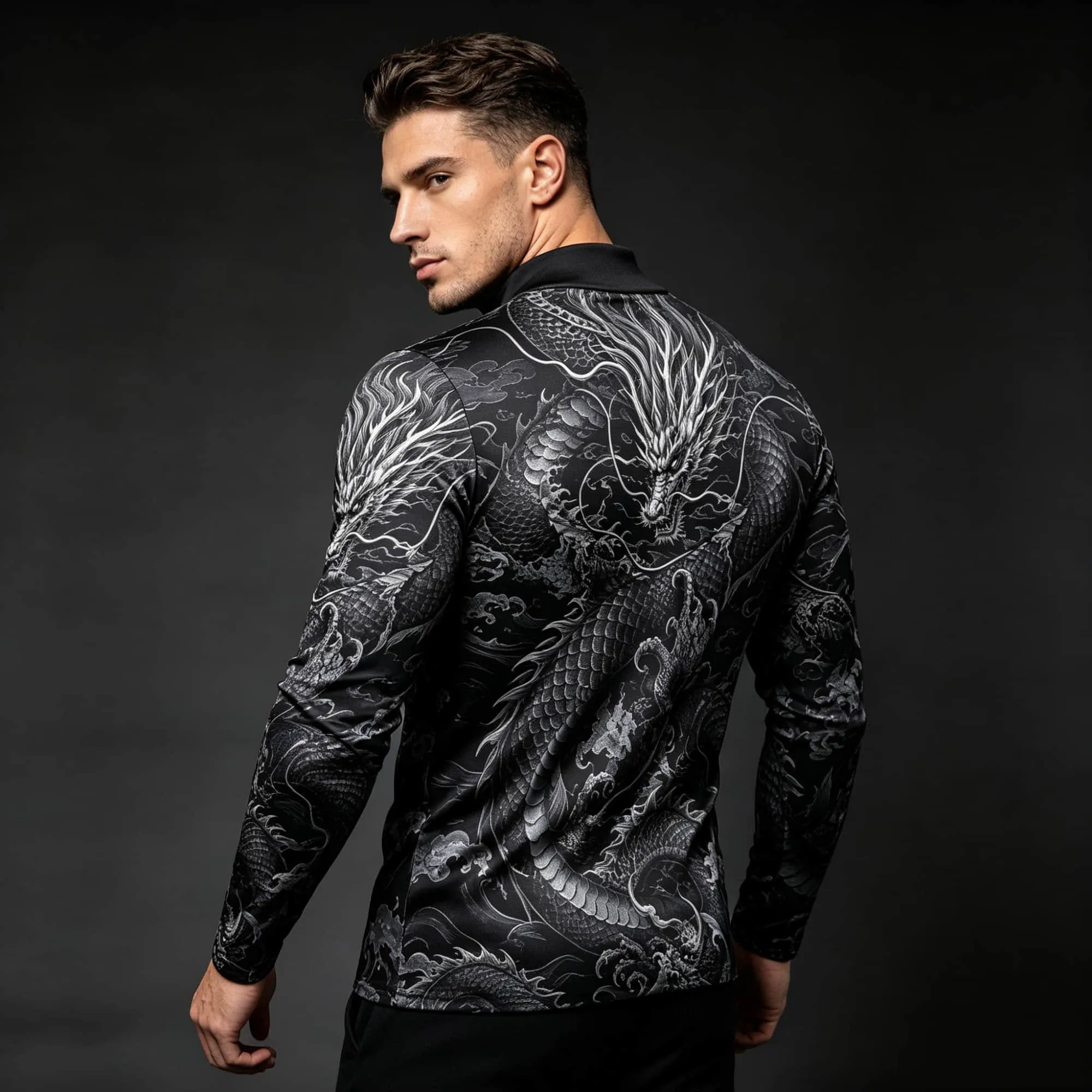 Personality Dark‑Tone Men Mock‑Neck Pullover Dragon Cloud Ornamental Pattern Printed Lightweight Casual Fashion Tops