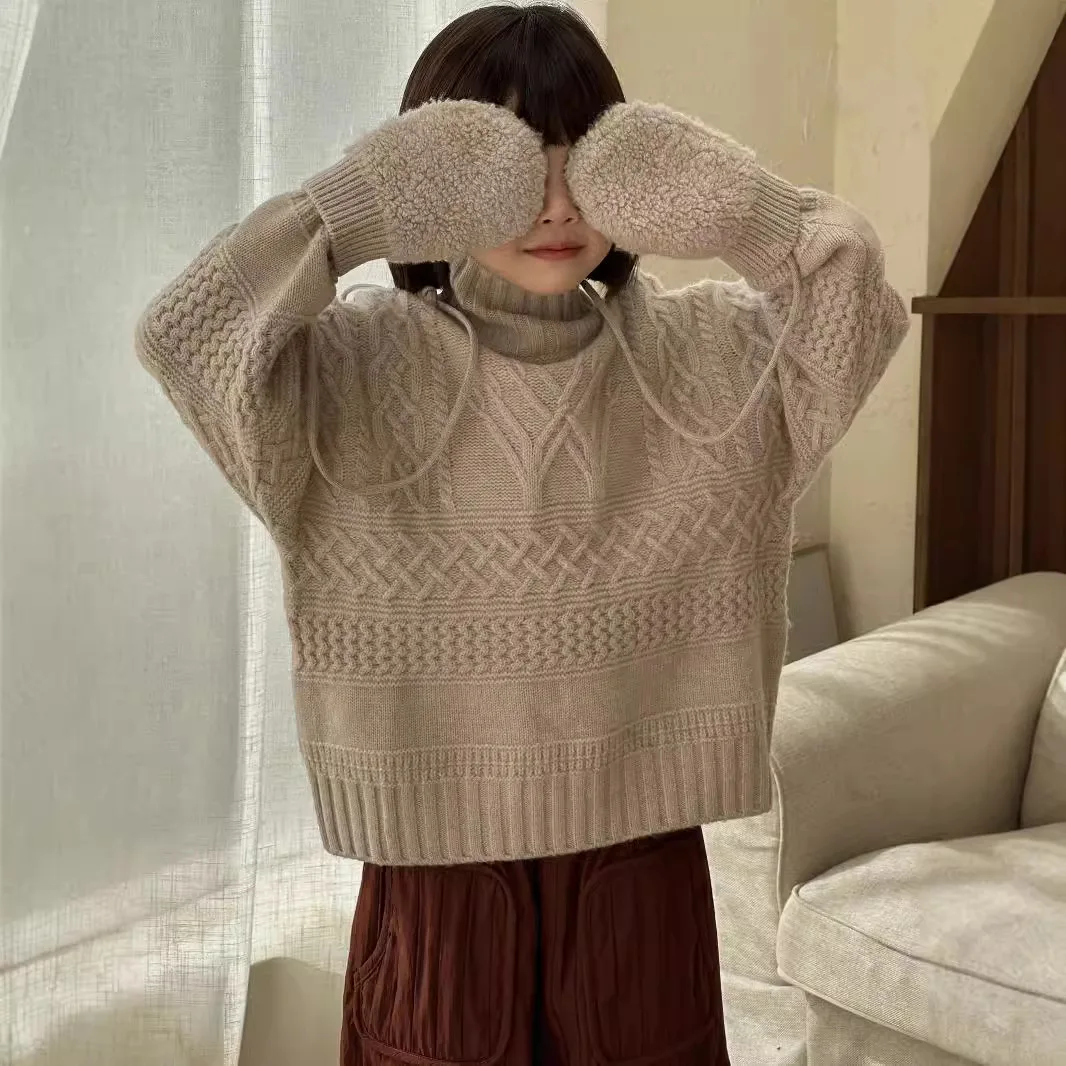 Girls Sweater 2024 Autumn Winter Children Korean Round Neck Glove Sweater Girls Lazy Knit Sweater Baby Inside Match Top