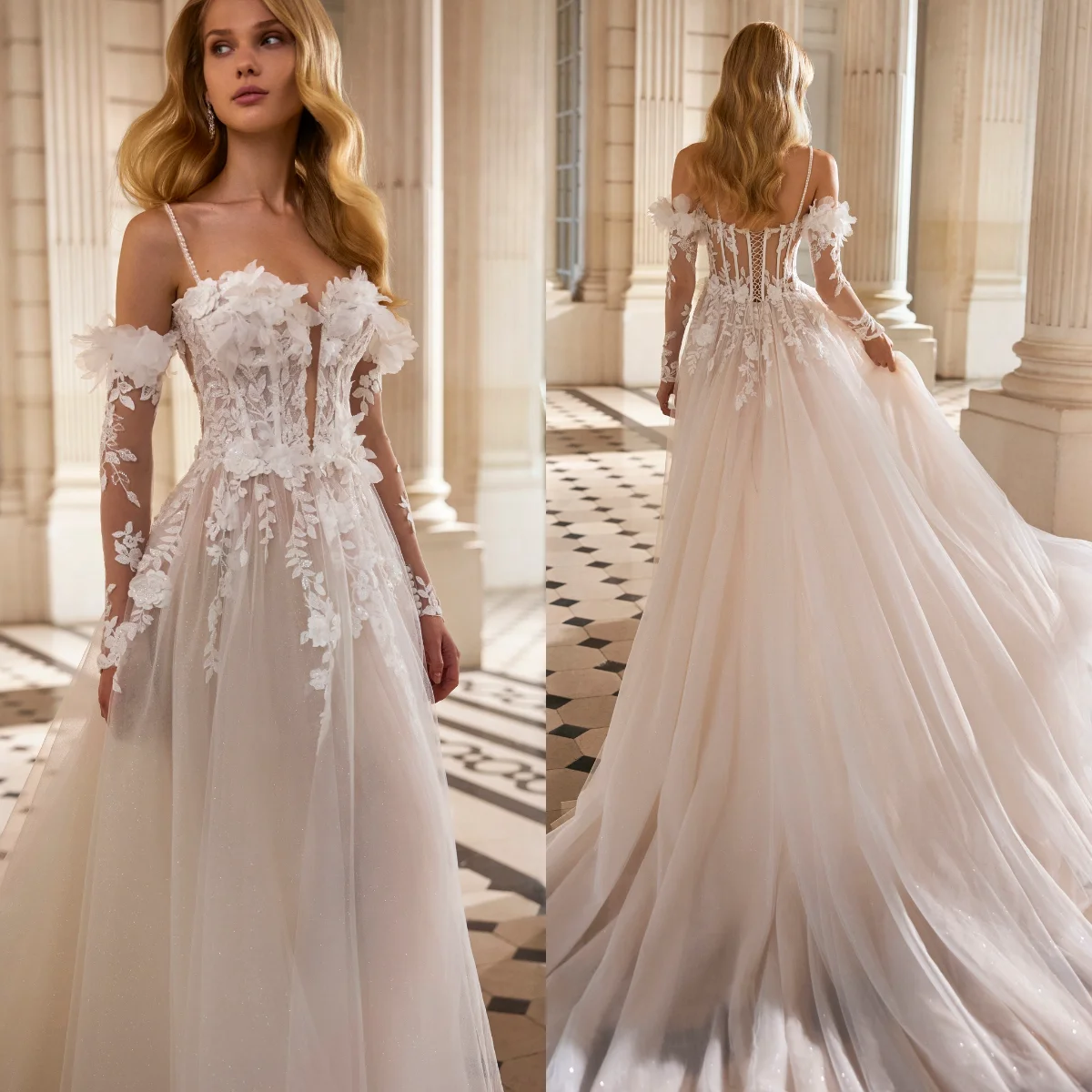 Robe De mariée élégante en dentelle appliquée, ligne A, col Spaghetti, fente latérale, perles, robes De mariée personnalisées