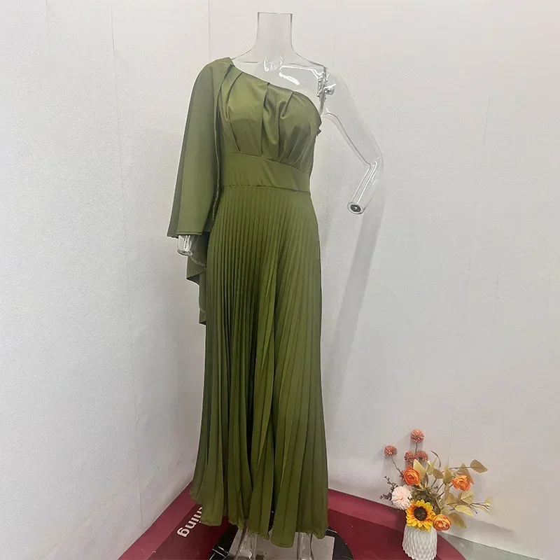 Olive Green Solid Women\'s Dress Elegant High Waist Fashion Pleated Single Shoulder Cape Temperament Female Fresh Party Dresses