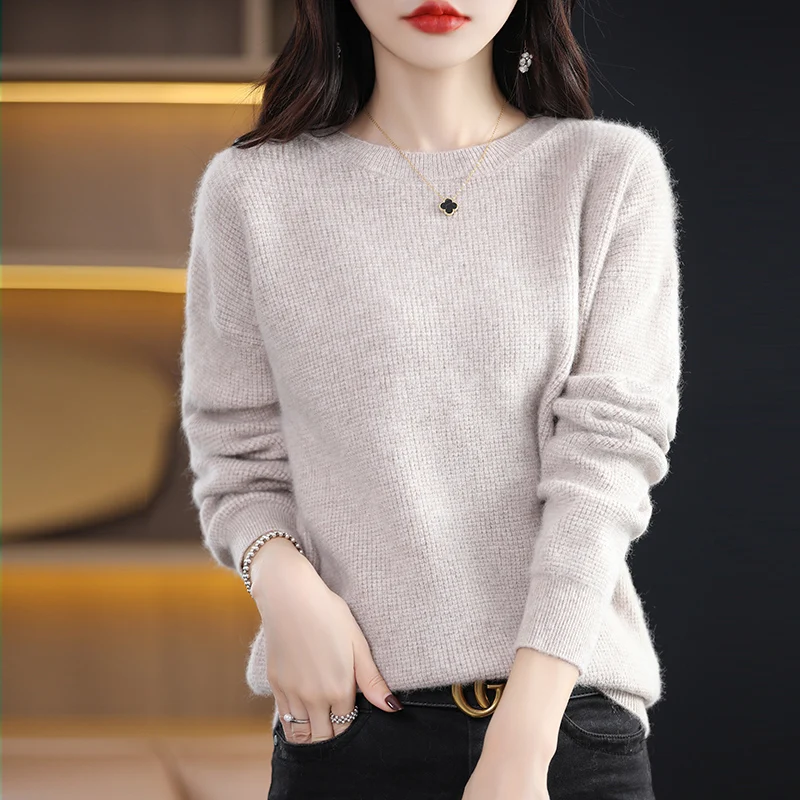 Lngot Needle Mink Cashmere Sweater Women\'s O-Neck Pullover Knit Loose Large Size Long Sleeve Autumn and Winter With Warm Base