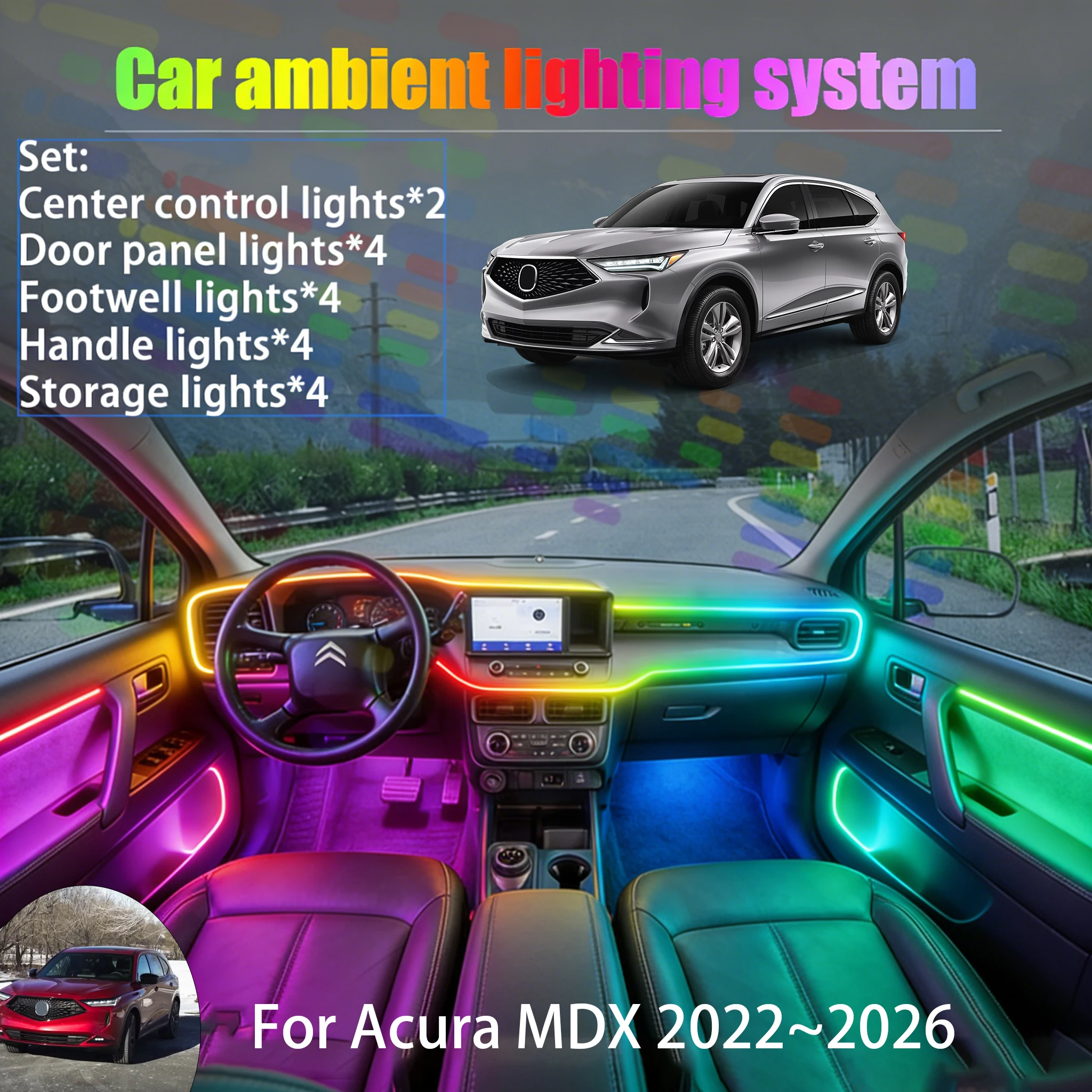 

For Acura MDX 2022~2026 YD8 9 2/18 in 1 Car ambient lighting Led trunk interior led lights USB RGB Ensemble Streamer Auto Part