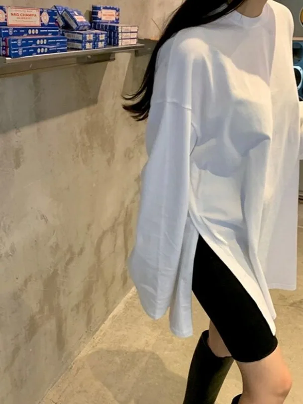 Chic Minimalist White Loose Shoulder T-Shirt Women's round Neck Split Casual Versatile Korean Style Spring Autumn Winter