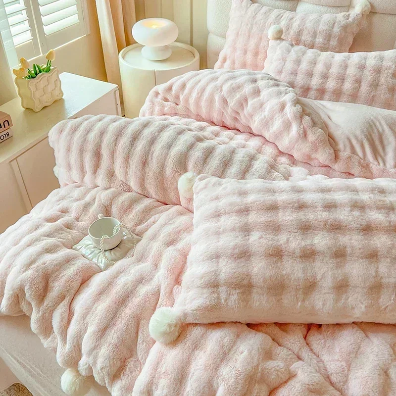 Tuscan Faux Fur Warm Fluffy Bedding Set for Winter Skin Friendly Warmth Plush Duvet Cover Set Queen Thickend Blanket Cover Sets