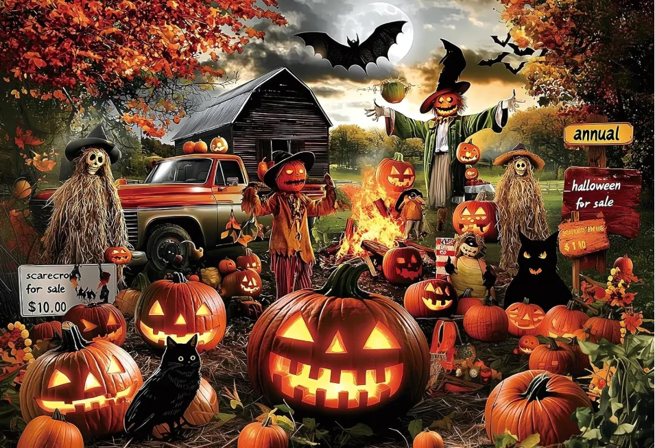 500/1000/1200/2000PCS Jigsaw Puzzle Halloween Night Farm Barn Scarecrow Glowing Jack O Lantern Black Cat Bat Moon Autumn Gift