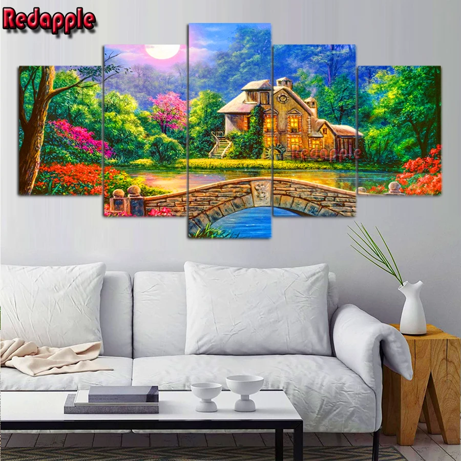 

Bridge, lake Diamond Painting Rural hut Diamond Mosaic 5 pcs Embroidery sweet cabin 5D DIY Full Square Cross Stitch Home Decor