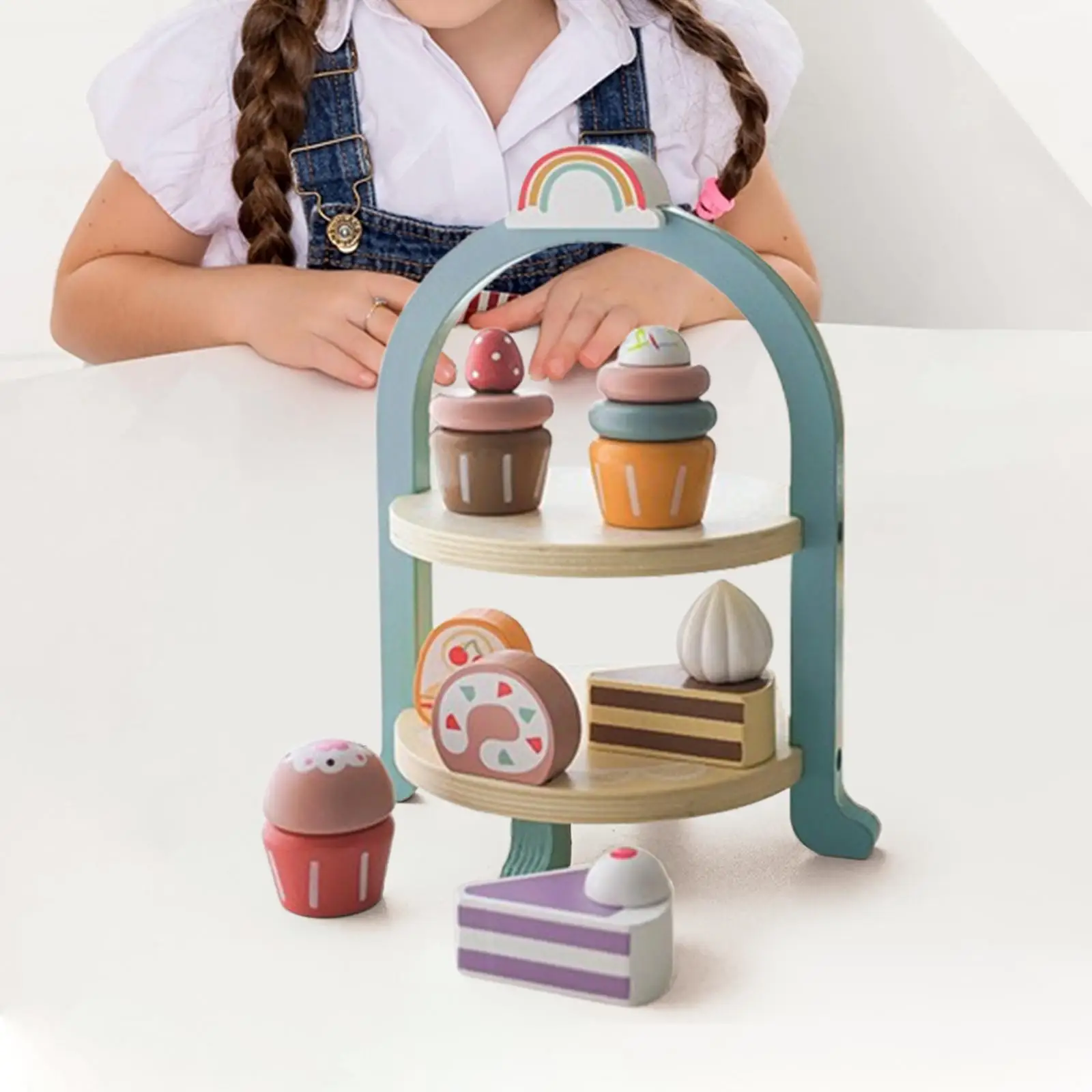 Desserts Food Toy with Stand Play Kitchen Accessories Set Wooden Tea Set Playset Cupcake Playset for Little Girls Great Gift