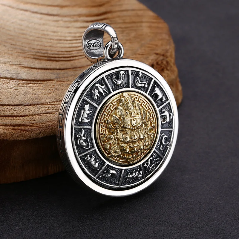 S925 Sterling Silver Chinese Zodiac Pendant Black Color Old Process Zakirim Relief Design Unisex Six Words Fine Jewelry FYNE356