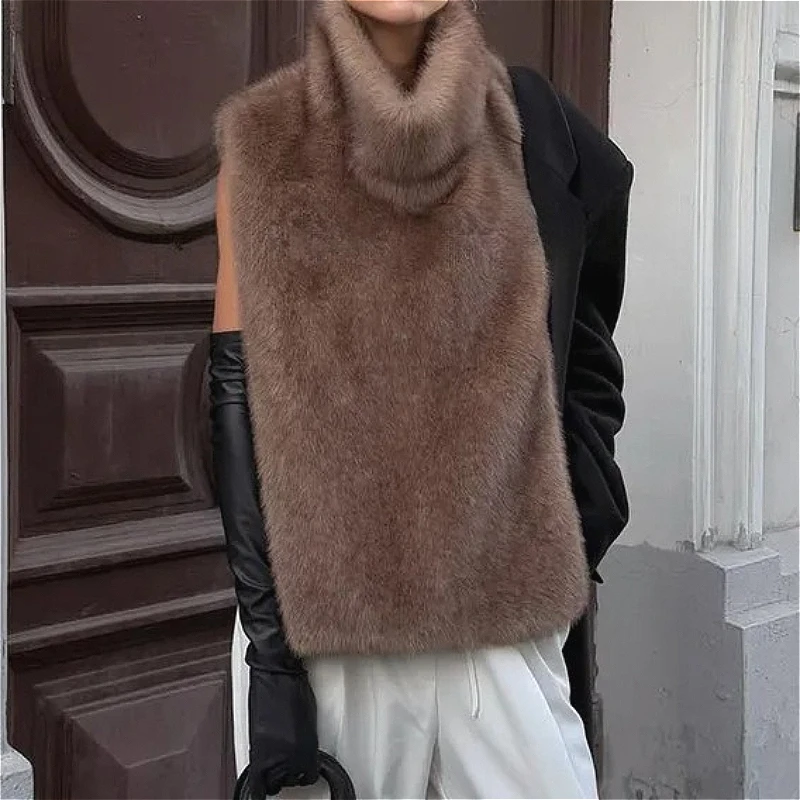 

Женский жилет из искусственного норкового меха, однотонные меховые куртки, асимметричный воротник-стойка без рукавов, толстый свободный крой, повседневный, осень-зима 202, осень-зима