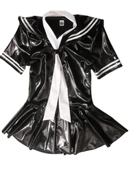 Sailor Collar Wet Look PVC Cosplay Dress Short Sleeve A-line Shiny PU Leather Vestido Sexy Minifalda Stage Performance Sundress