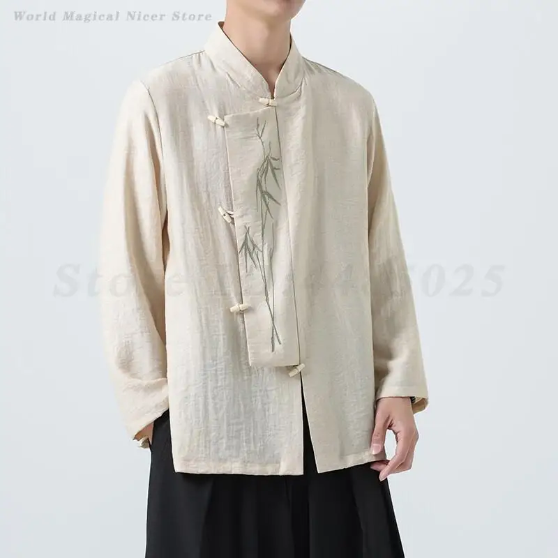 

Large Size 4XL 5XL Men's Shirt Traditional Chinese Clothes Spring Autumn Long Sleeve Cotton Linen Tang Suit Tops Oriental Hanfu