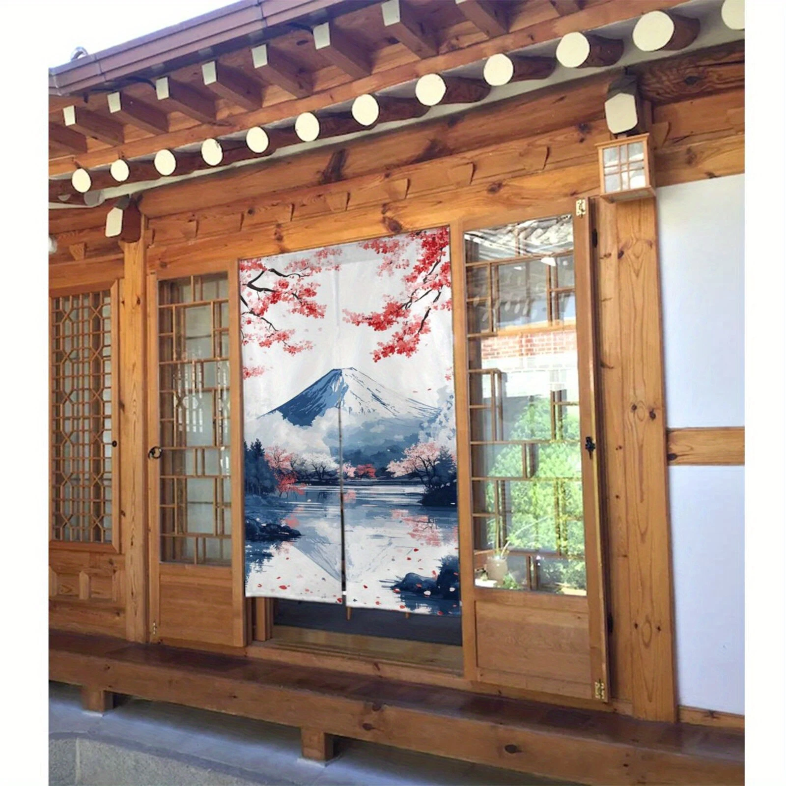 VIKAMA Mount Fuji Cherry Blossom Japanese Door Curtain Japanese Style Half Door Curtain, Noren Curtain for Kitchen Bedroom