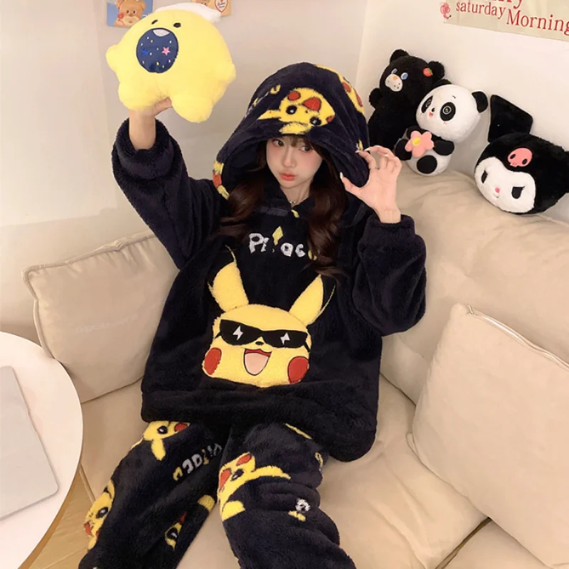 Pokémon Pikachu winter velvet thickened warm cartoon plush pajamas female cute hooded pullover flannel black loungewear set