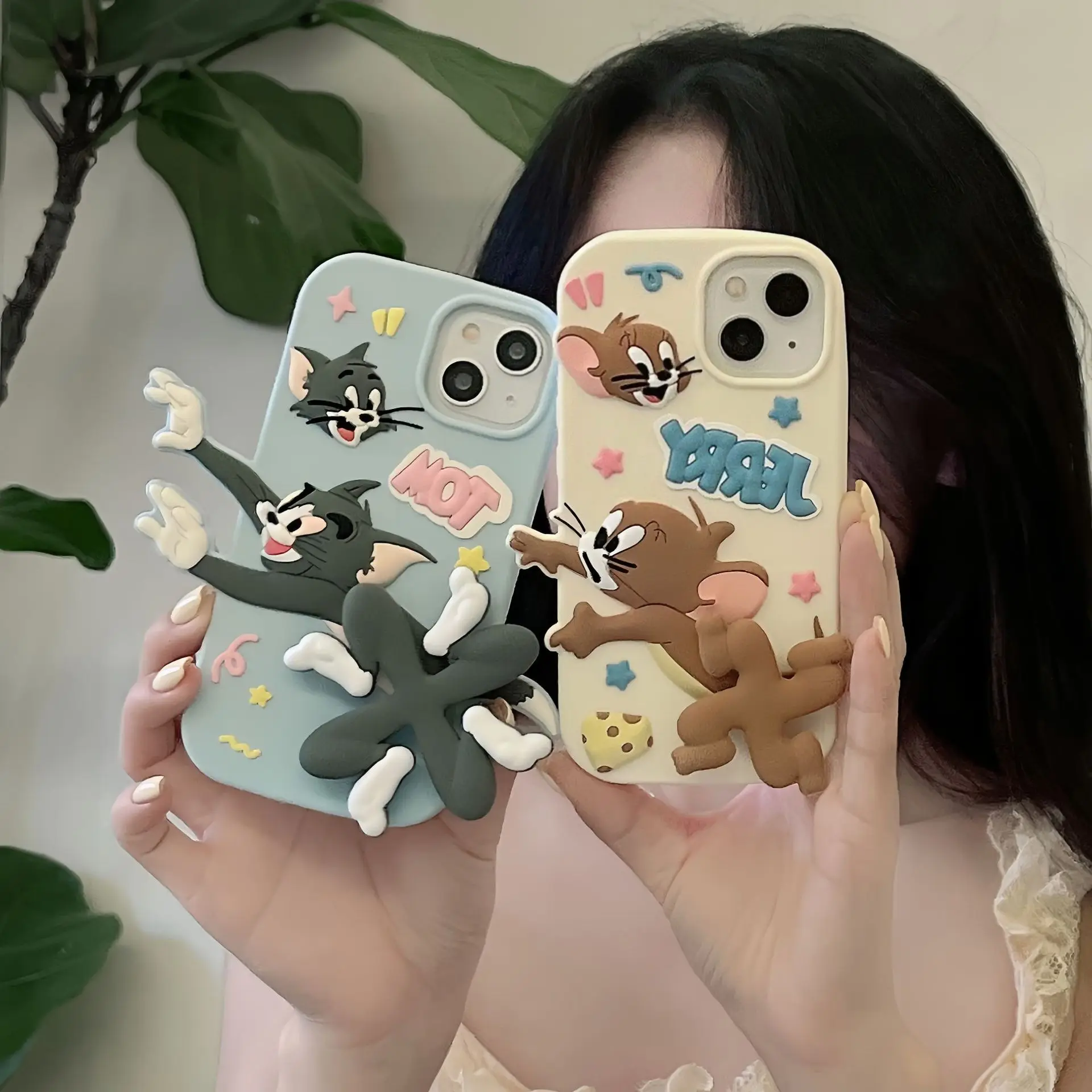 3D Cat and Mouse Couple phone case For iPhone 15 14 13 12 11 Pro max Shockproof Anti-fall Soft Silicone shell cartoon Tom Jerry