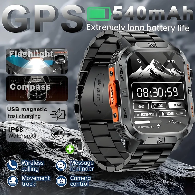 

New Military outdoors Smart Watch Bulit-in GPS Compass LED flashlight IP68 Waterproof fitness exercise Bluetooth Call SmartWatch