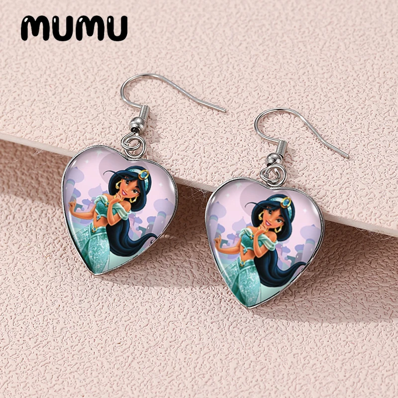 2024 Neue Aladdin mit Prinzessin Jasmin baumelnde Ohrringe herzförmige Ohrringe handgefertigte Glaskuppel Schmuck Geschenke Fans
