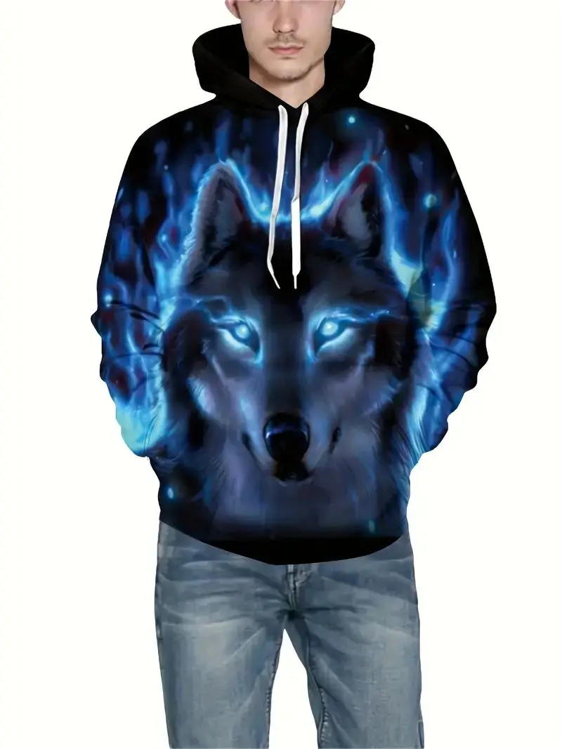 Beast Series Lion / Wolf Print Hoodie,  Men\'s Casual Pullover Hooded Sweatshirt With Kangaroo Pocket Streetwear For Winter Fall,