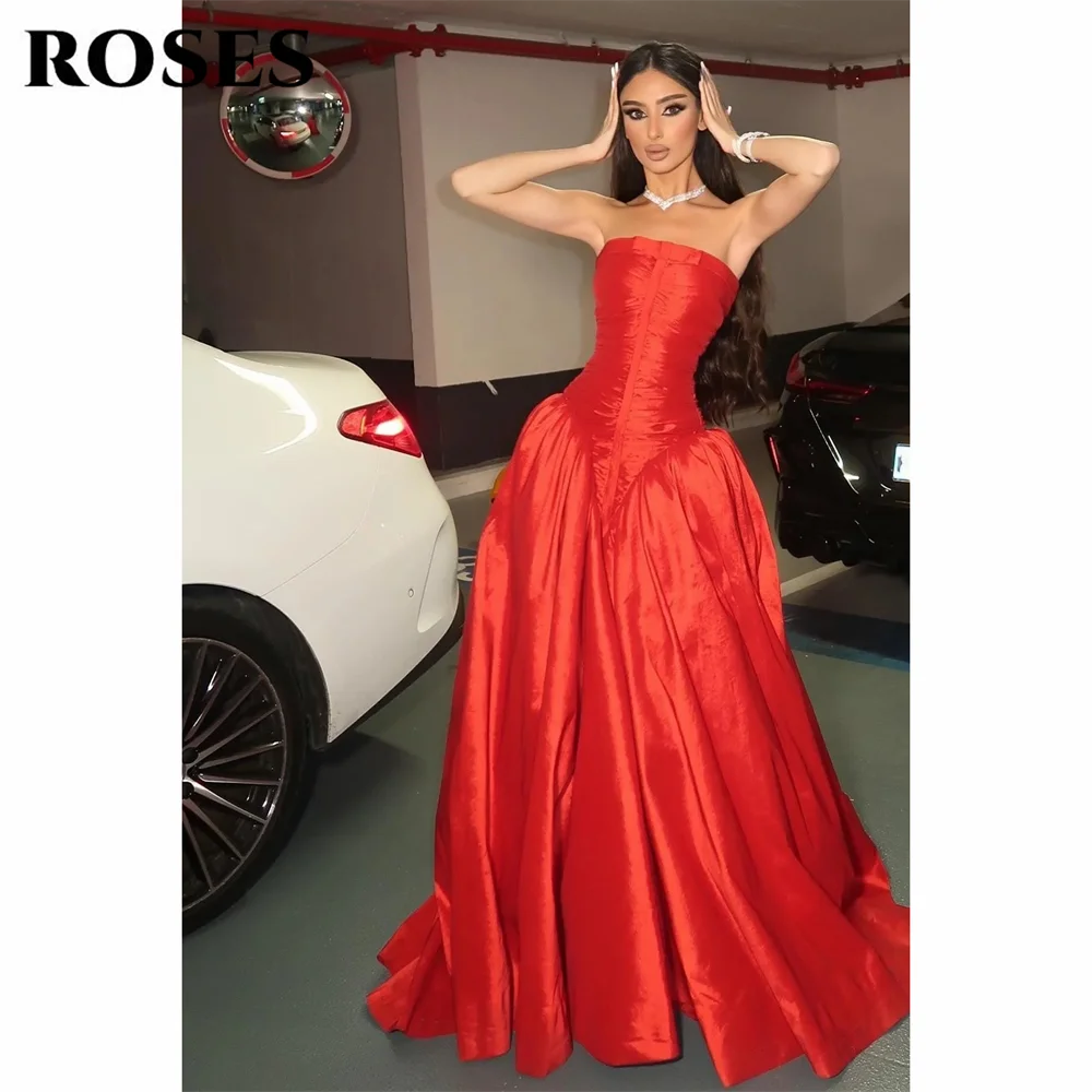 ROSES Red Strapless Satin Prom Dress Minimalist Sleeveless A Line Celebrity Dress Floor Length Women's Evening Dress Customized