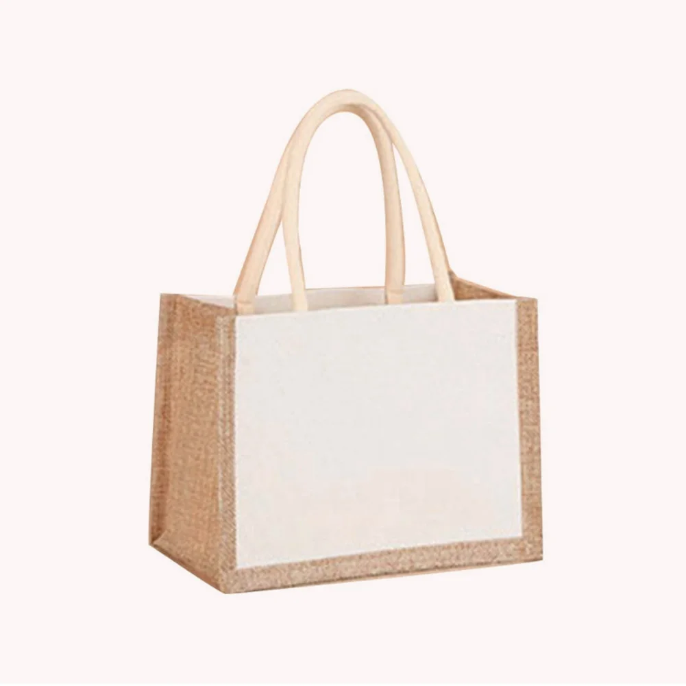 Women Burlap Jute Tote Bag Large Capacity Canvas Casual Shopping Bag Contrast Color Ladies Outdoor Handbag